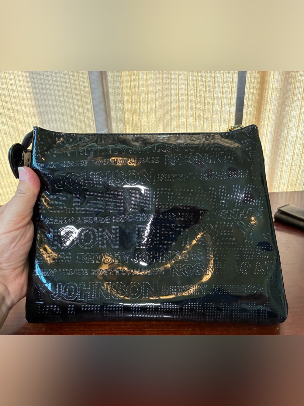 Betsey Johnson Black Patent Logo Envelope Clutch with Gold Plaque - Picture 3 of 11